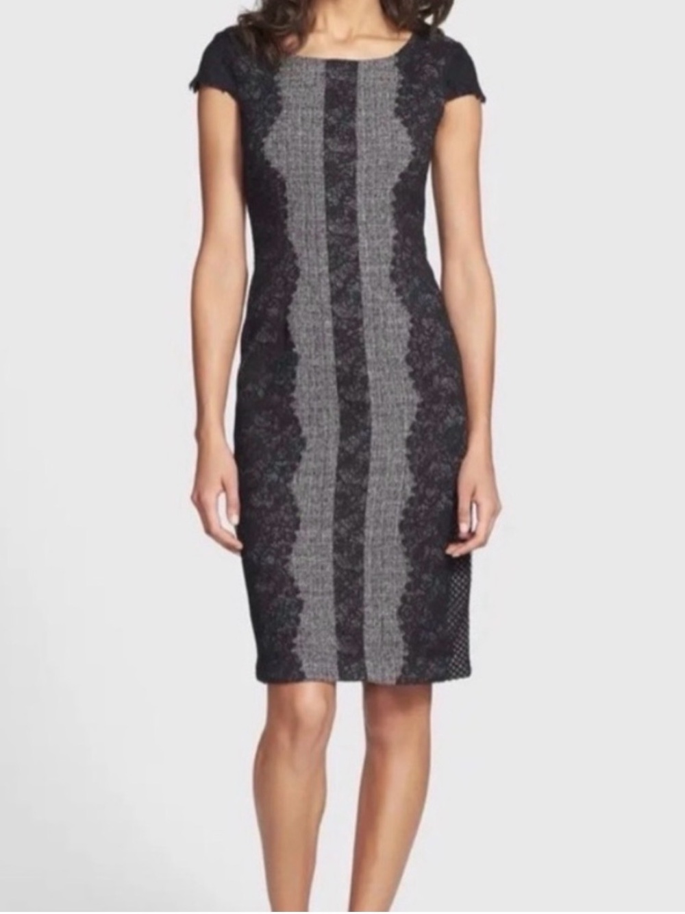 Betsey Johnson Gray and Black Lace-Trim Sheath Dress